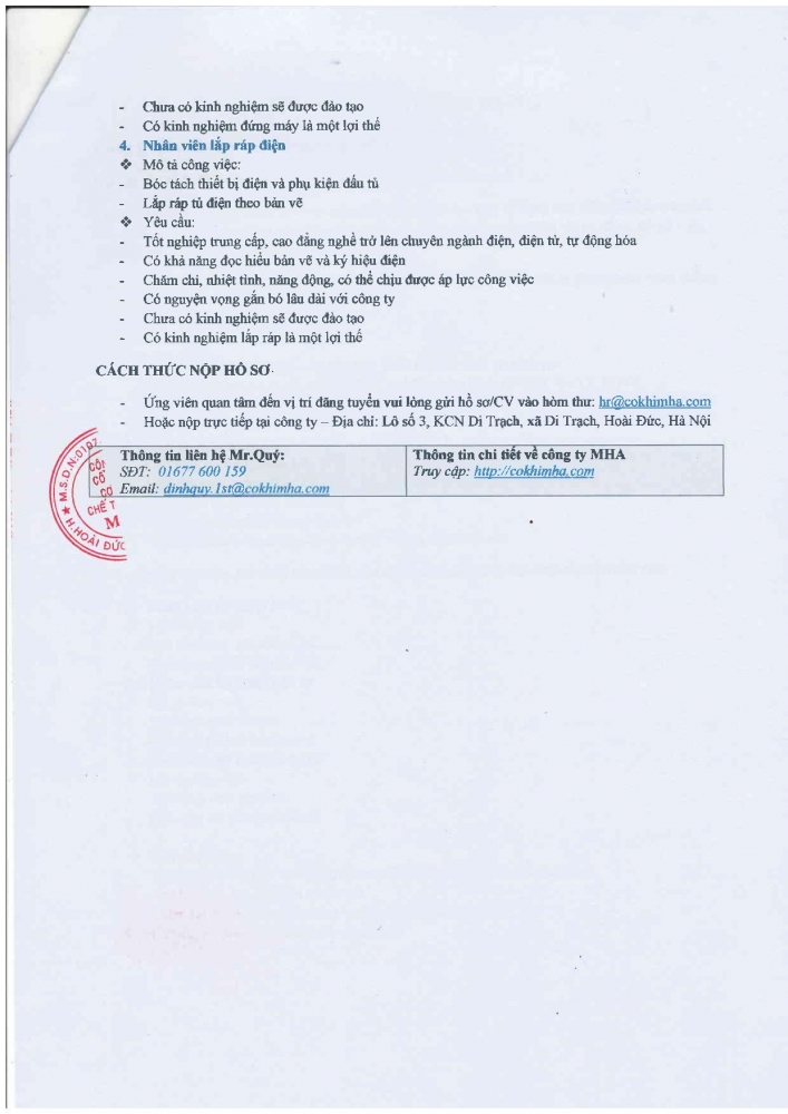 Thông báo tuyển dụng MHA - 5/2018