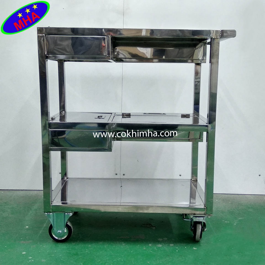 Xe đẩy hàng 3 tầng có ngăn bằng inox - Xe đẩy hàng MHA