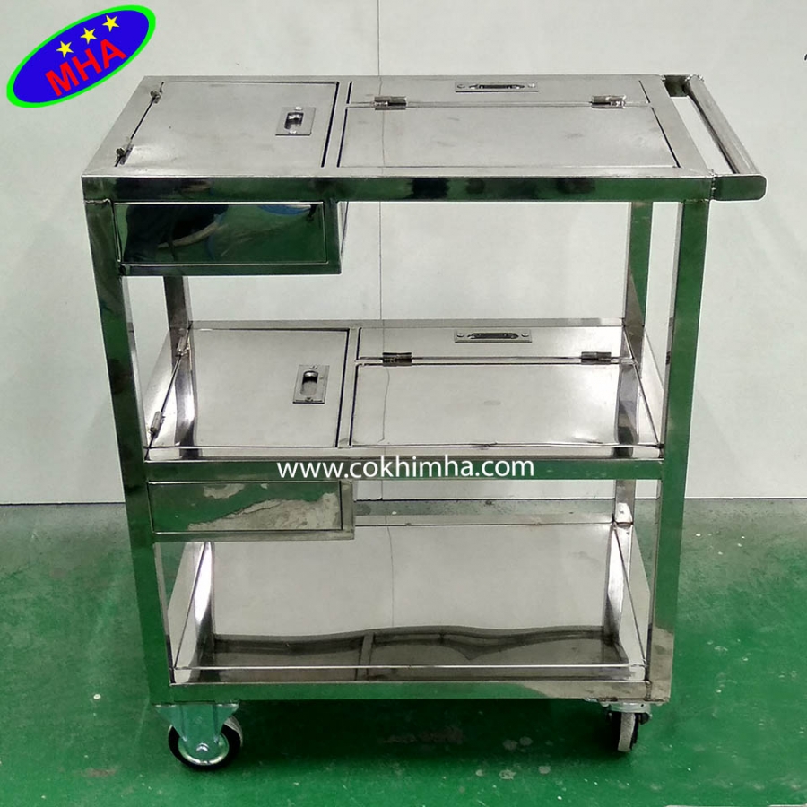 Xe đẩy hàng 3 tầng có ngăn bằng inox - Xe đẩy hàng MHA