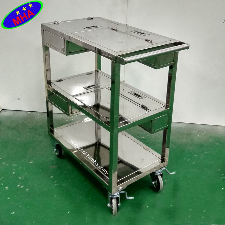 Xe đẩy hàng 3 tầng có ngăn bằng inox - Xe đẩy hàng MHA